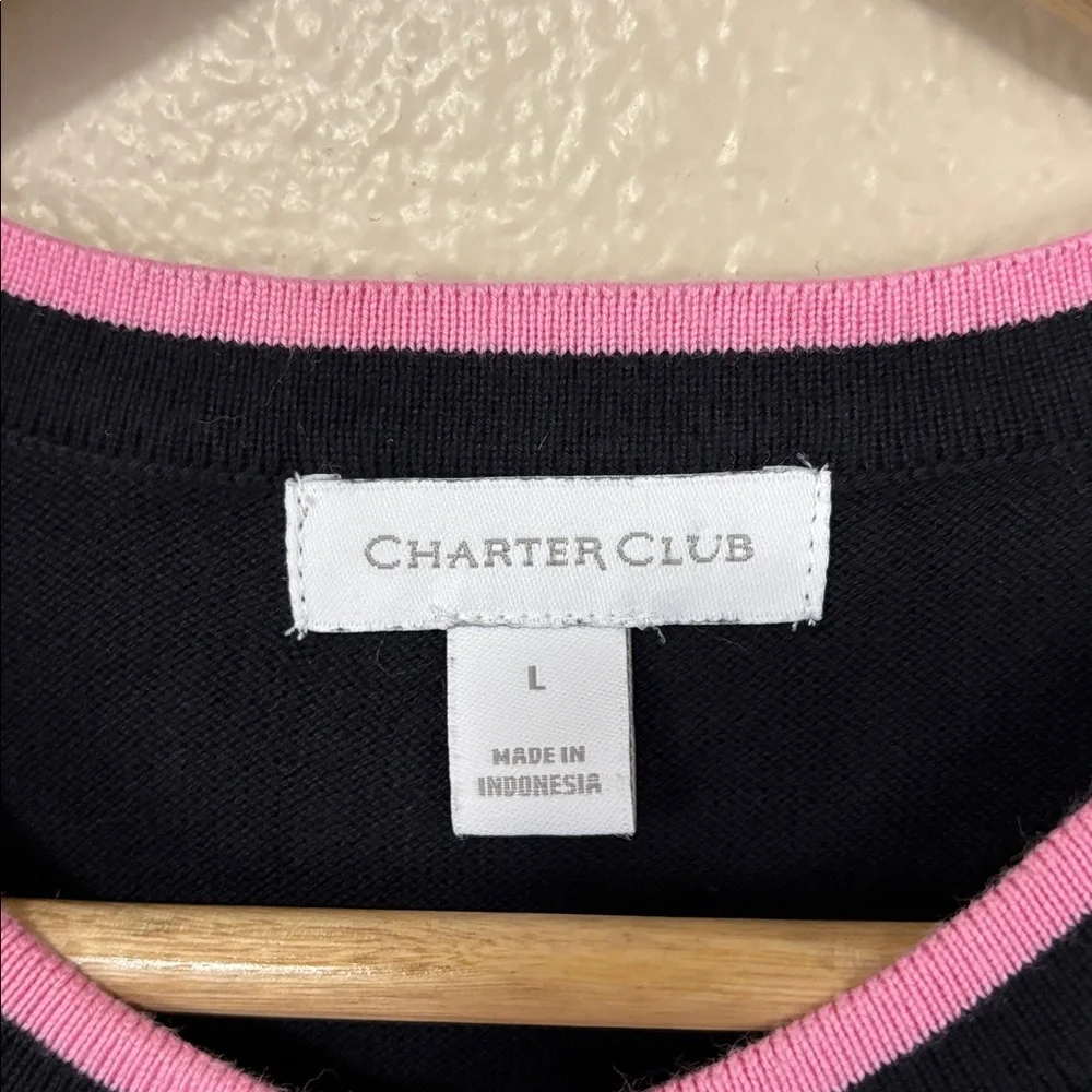 Charter Club Black Cardigan with Pink Embroidered Lip Appliqué Size L